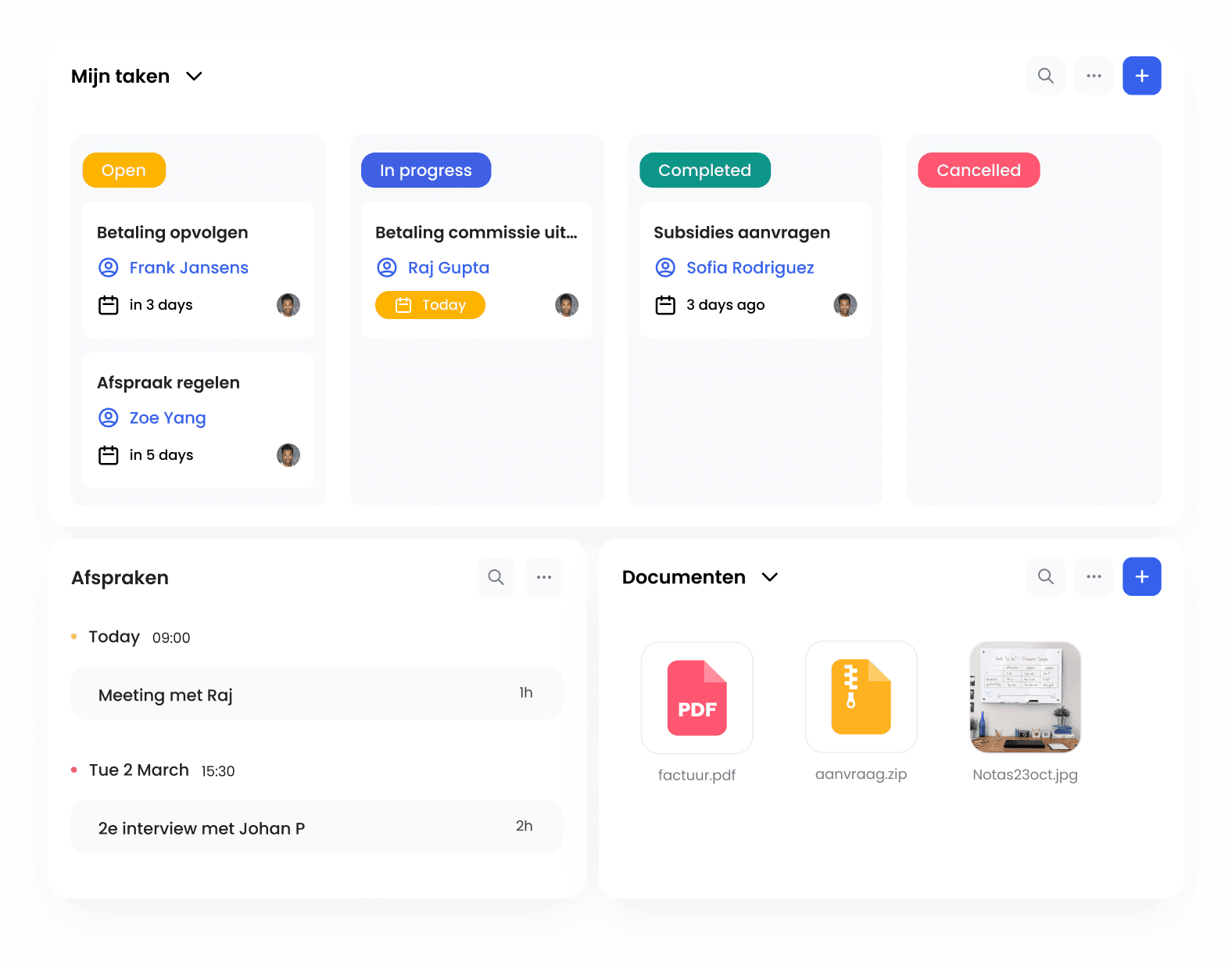 Tasks board, appointments and documents in Swiftio
